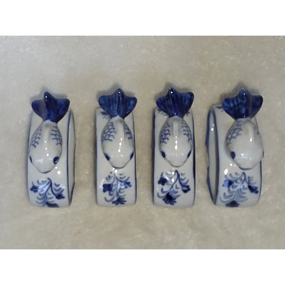 Vintage Blue and White Ceramic Fish Napkin Rings Set of 4 Thailand Coastal Decor